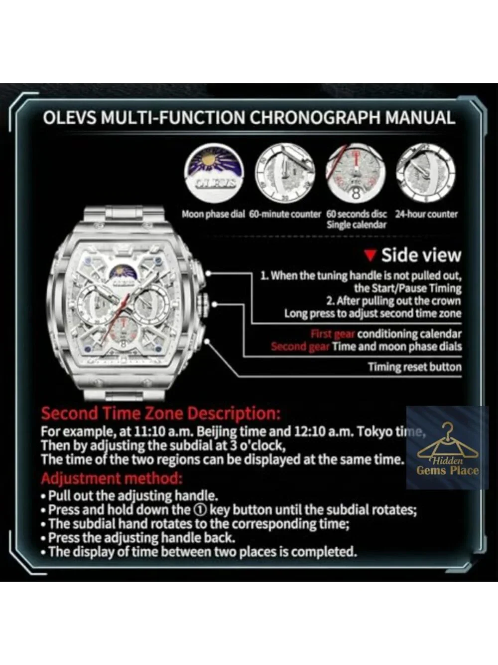 Men's Square Watch Chronograph Date Moon Phase Luminous Hands Stainless Steel